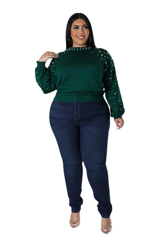 Final Sale Plus Size Green Sweater with Pearl Detailed Sleeves