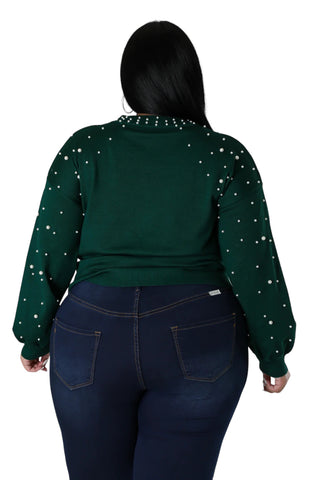 Final Sale Plus Size Green Sweater with Pearl Detailed Sleeves