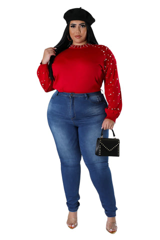 Final Sale Plus Size Red Sweater with Pearl Detailed Sleeves