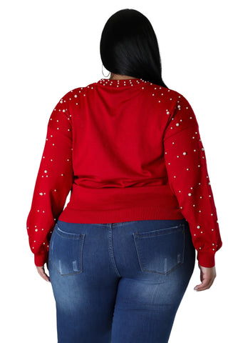 Final Sale Plus Size Red Sweater with Pearl Detailed Sleeves