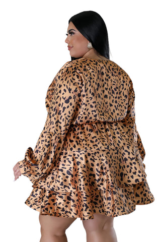 Final Sale Plus Size Satin Layered Ruffle Mini Dress in Brown Animal Print