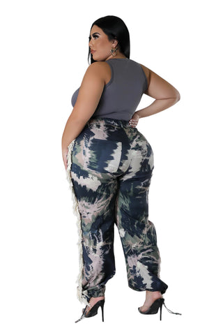 Final Sale Plus Size Long Pants with Beige Fringes On The Side in Black & Beige - Grunge Paint G113
