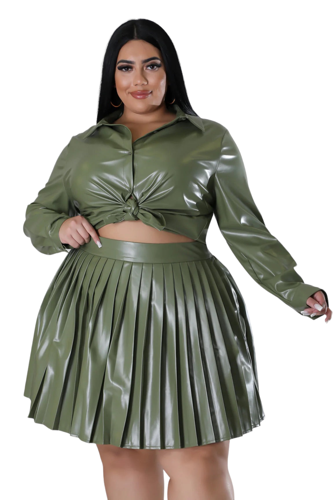Final Sale Plus Size 2Pc Set Button Up Top With Pleated Skirt in Olive