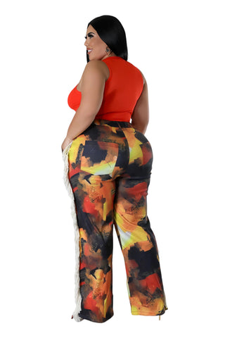 Final Sale Plus Size Long Pants with Beige Fringes On The Side in Orange- Grunge Paint G113