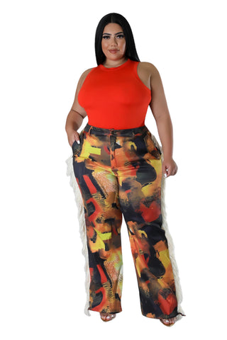 Final Sale Plus Size Long Pants with Beige Fringes On The Side in Orange- Grunge Paint G113