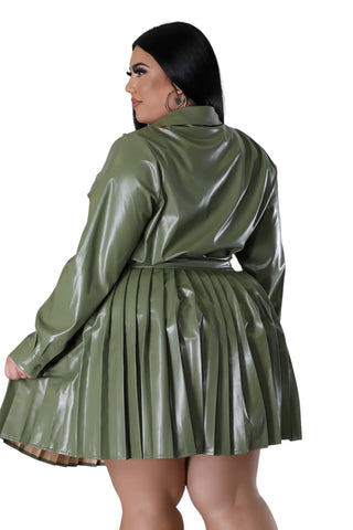 Final Sale Plus Size 2Pc Set Button Up Top With Pleated Skirt in Olive
