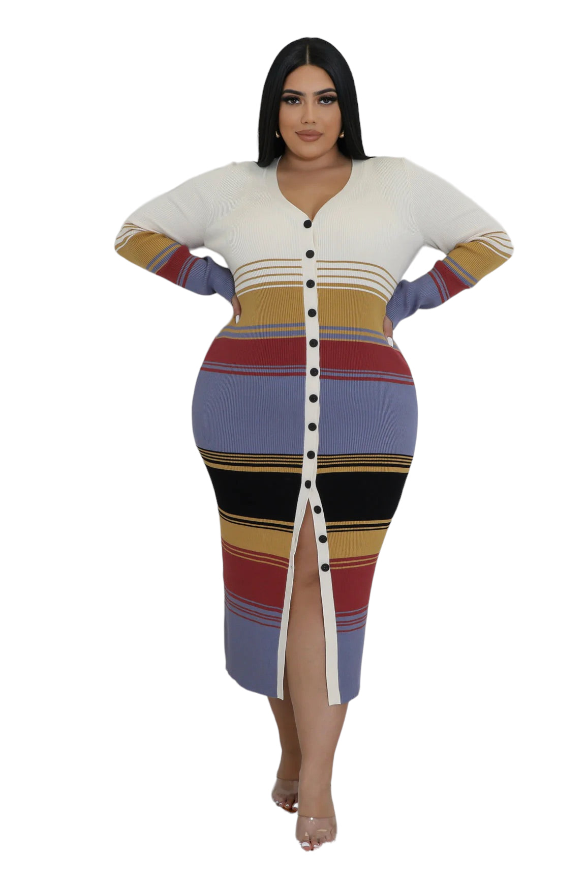 Final Sale Plus Size Button Up Midi Dress in Multi Color Stripe Print