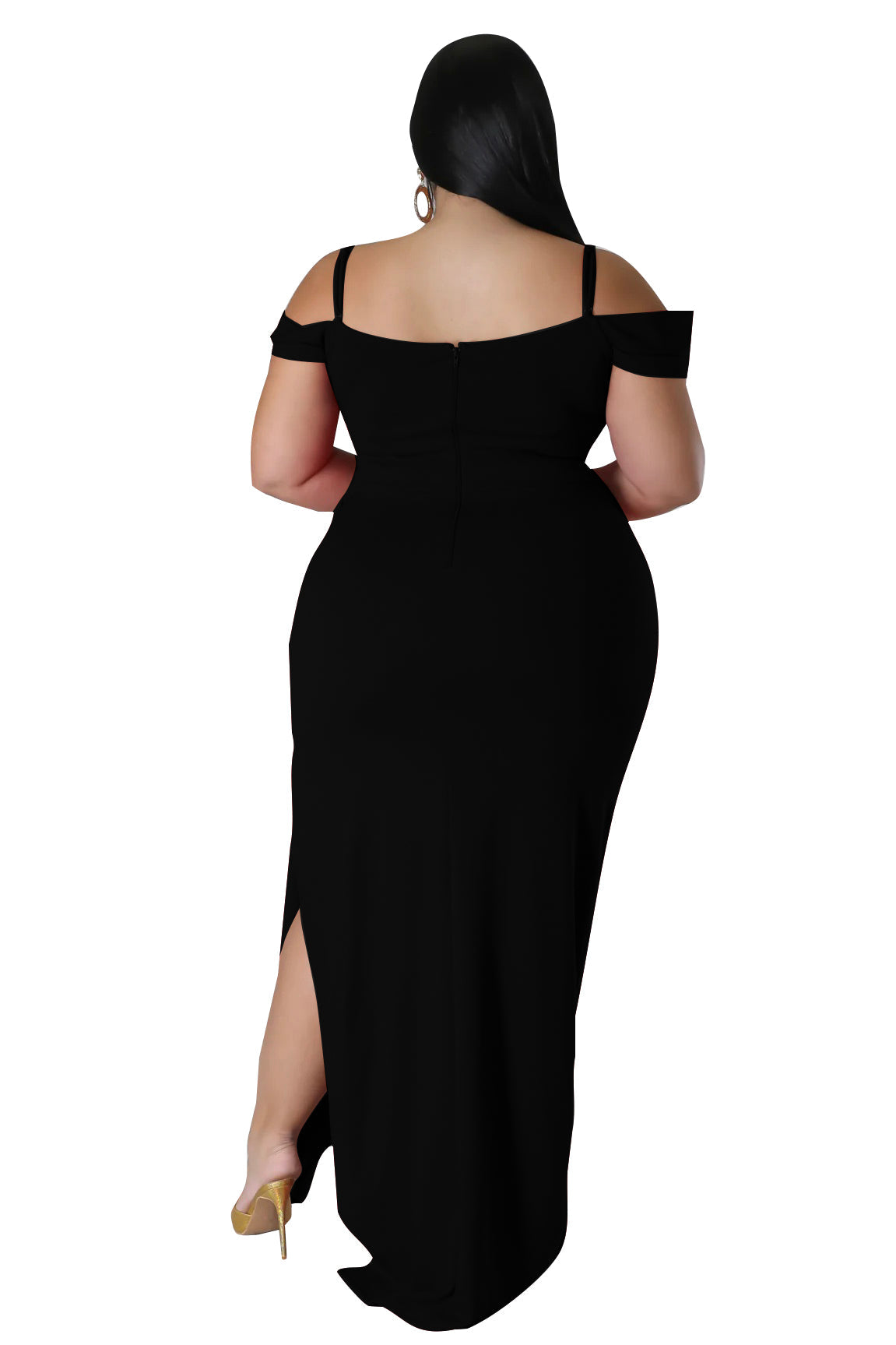 Final Sale Plus Size Cold Shoulder Gown with Side Ruffle and Slit in Black