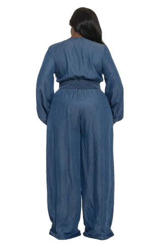 Final Sale Plus Size Long Sleeve Jumpsuit in Wash Denim