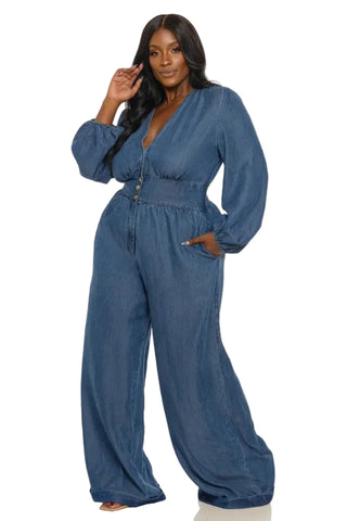 Final Sale Plus Size Long Sleeve Jumpsuit in Wash Denim