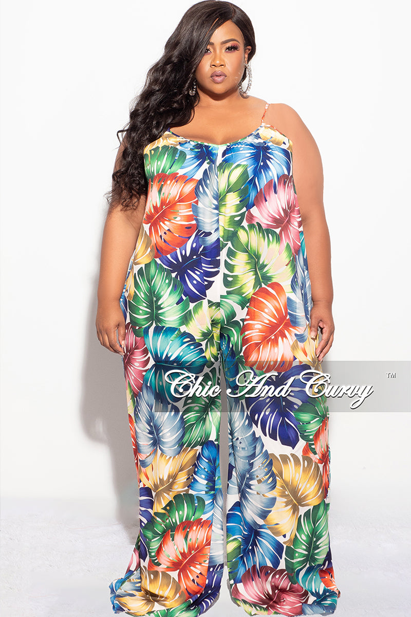 Final Sale Plus Size Jumpsuit with Spaghetti Straps in Multi-Color Palm Print