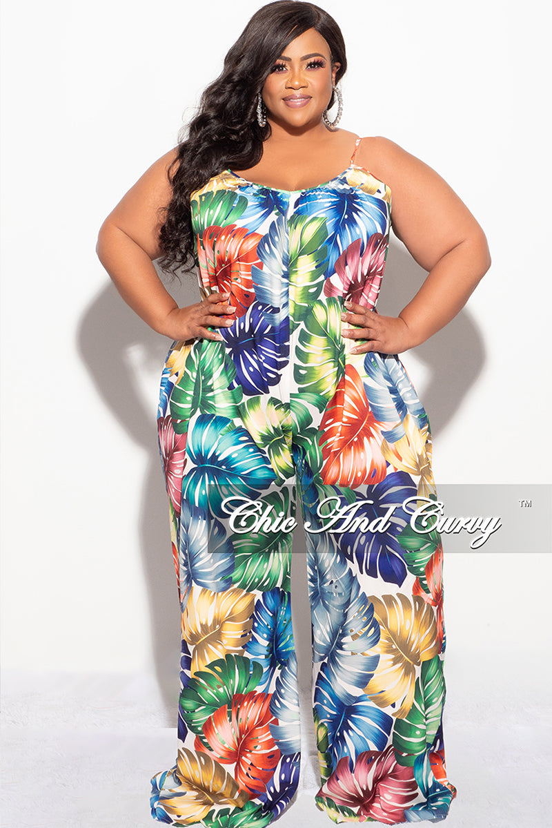 Final Sale Plus Size Jumpsuit with Spaghetti Straps in Multi-Color Palm Print