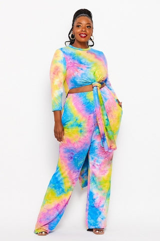 Final Sale Plus Size 2pc Double Slit Top and Set in Rainbow Tie Dye