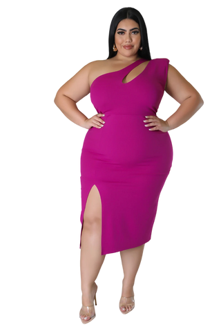 Final Sale Plus Size One Shoulder Cut Out Dress with Side Slit in Magenta