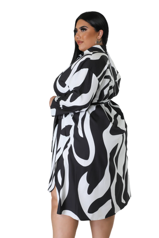 Final Sale Plus Size Collar Button Up Dress with Tie in Black and White Design