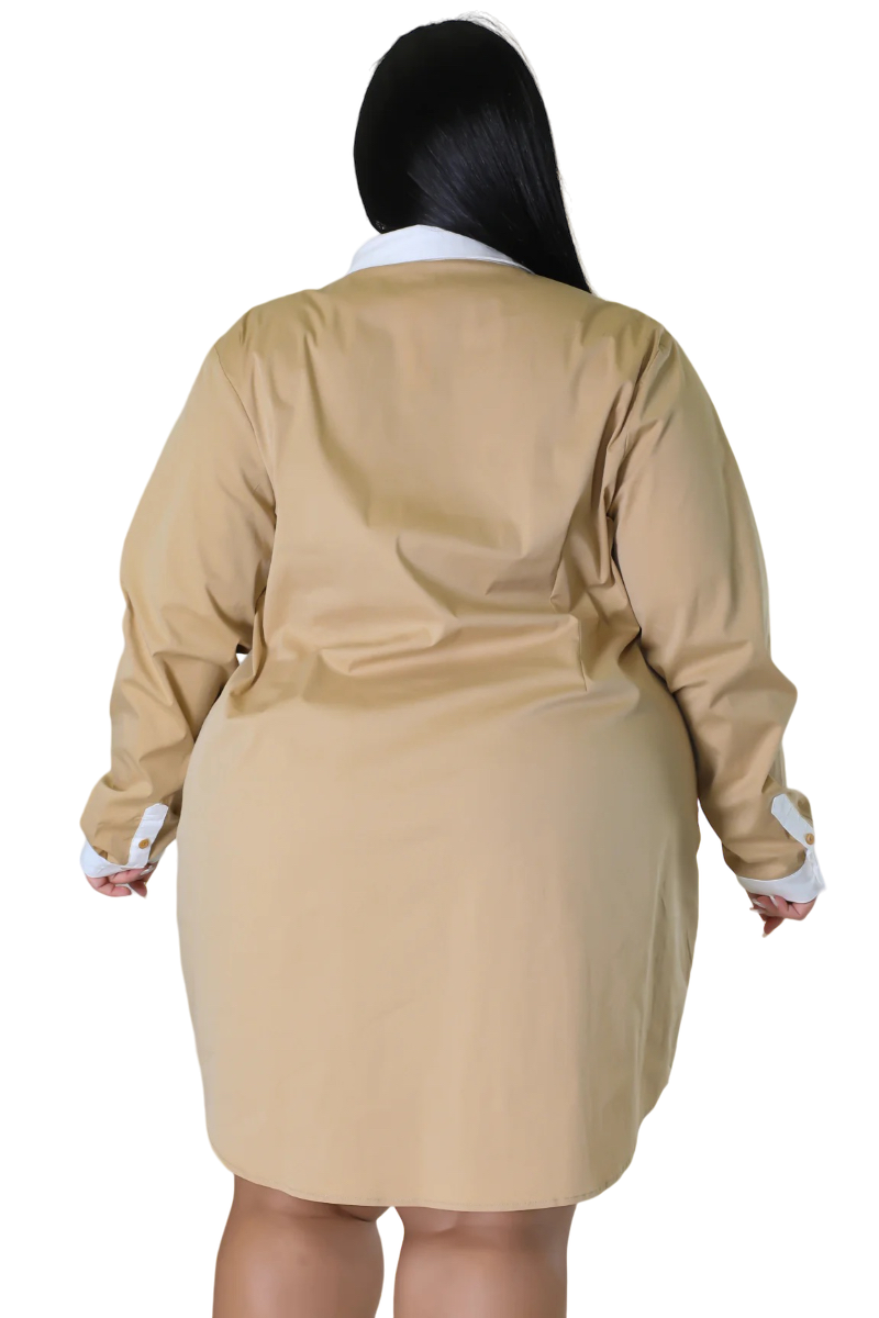 Final Sale Plus Size Collar Button Up Shirt Dress in Tan and White