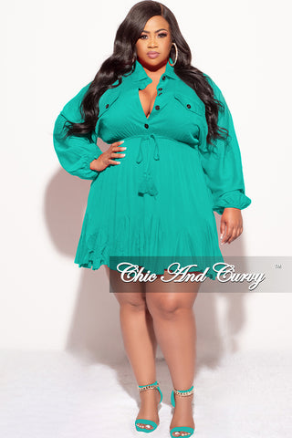 Final Sale Plus Size Collar Button Up Baby Doll Flare Dress in Jade