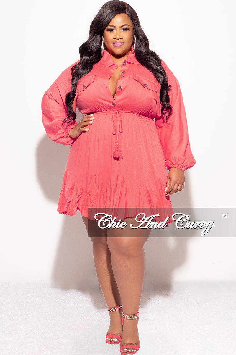 Final Sale Plus Size Collar Button Up  Baby Doll Flare Dress in Coral