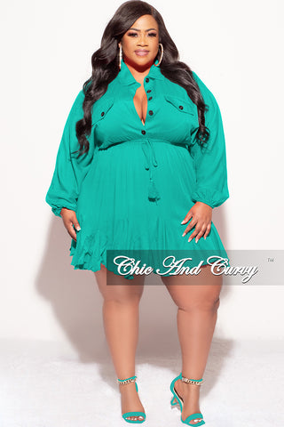 Final Sale Plus Size Collar Button Up Baby Doll Flare Dress in Jade