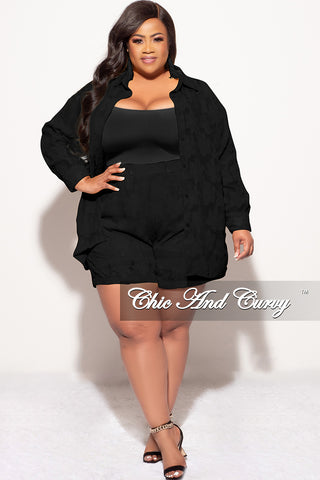 Final Sale Plus Size 2pc Collar Button Up Top And Short Set In Black