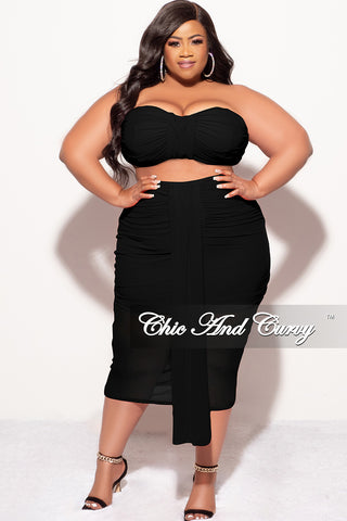 Final Sale Plus Size Sheer 2pc Strapless Crop Top and Skirt Set in Black