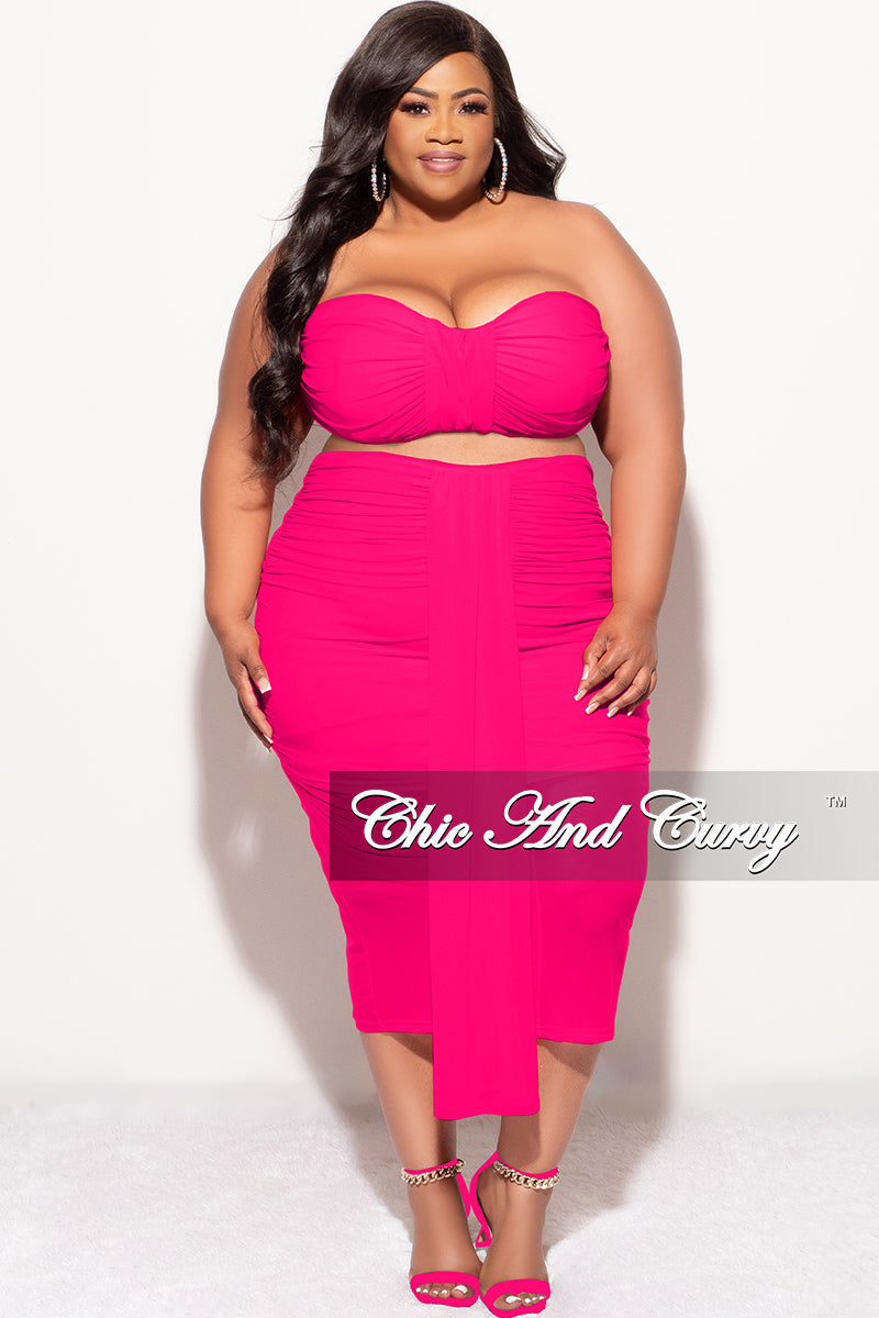 Final Sale Plus Size Sheer 2pc Strapless Crop Top and Skirt Set in Fuchsia