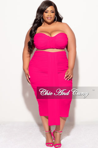 Final Sale Plus Size Sheer 2pc Strapless Crop Top and Skirt Set in Fuchsia