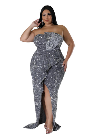 Final Sale Plus Size Strapless Pleated Ruffle Velvet & Sequin Gown with Front Slit in  Silver