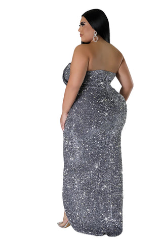 Final Sale Plus Size Strapless Pleated Ruffle Velvet & Sequin Gown with Front Slit in  Silver