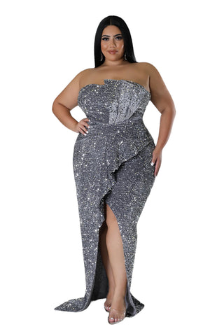 Final Sale Plus Size Strapless Pleated Ruffle Velvet & Sequin Gown with Front Slit in  Silver