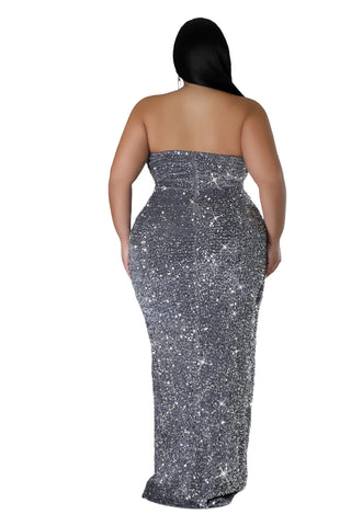 Final Sale Plus Size Strapless Pleated Ruffle Velvet & Sequin Gown with Front Slit in  Silver