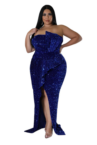 Final Sale Plus Size Strapless Pleated Ruffle Velvet & Sequin Gown with Front Slit in  Royal Blue