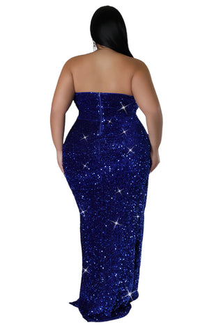 Final Sale Plus Size Strapless Pleated Ruffle Velvet & Sequin Gown with Front Slit in  Royal Blue