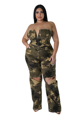 Final Sale Plus Size Strapless Deep V Jumpsuit with Ripped Knees In Camouflage Print