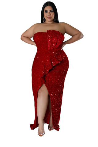 Final Sale Plus Size Strapless Pleated Ruffle Sequin Gown with Front Slit in Red