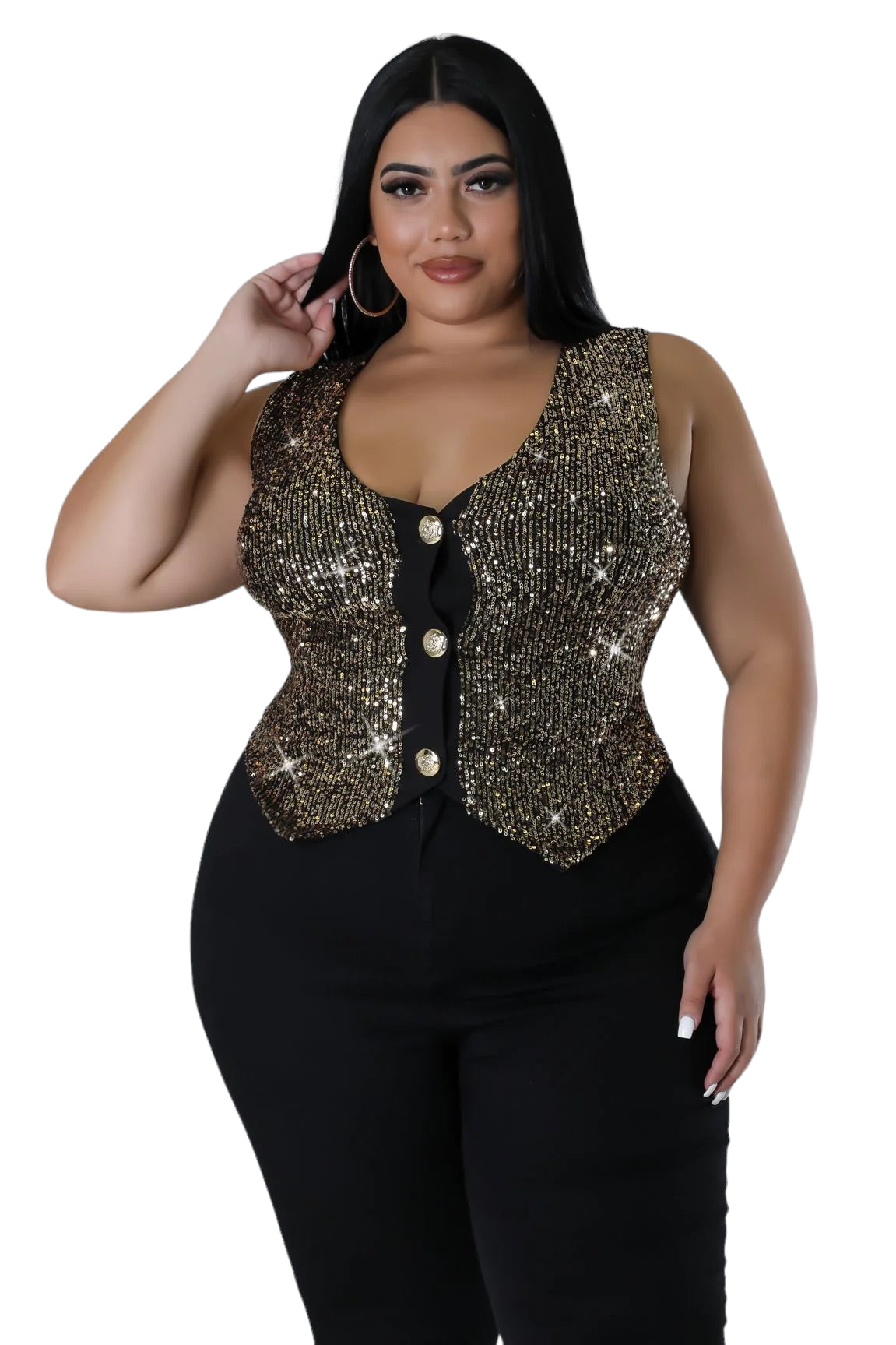 Final Sale Plus Size Sequin Sleeveless Button Up Crop Vest in Gold and Black