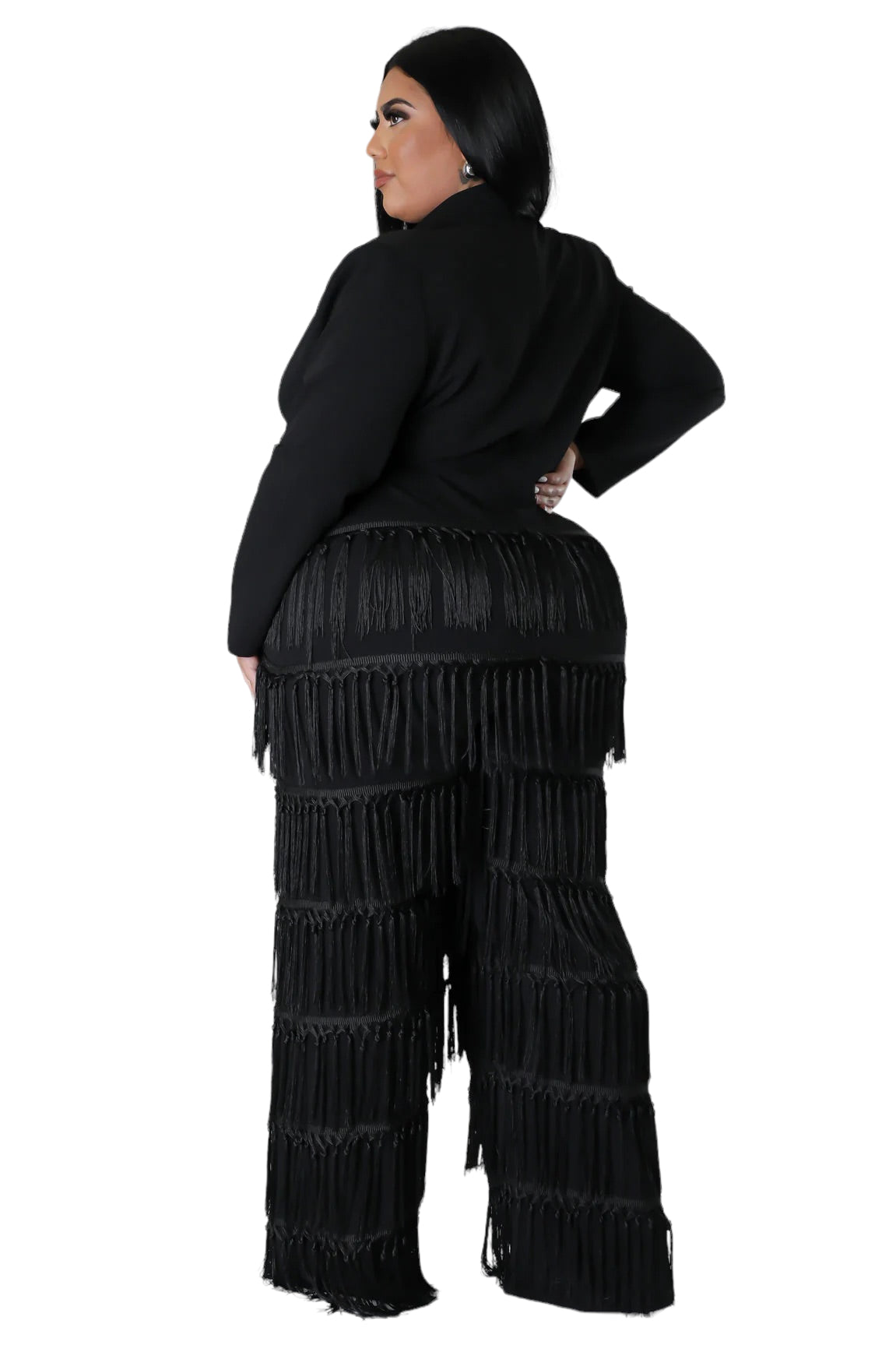 Final Sale Plus Size Collar Faux Wrap Fringe Jumpsuit in Black
