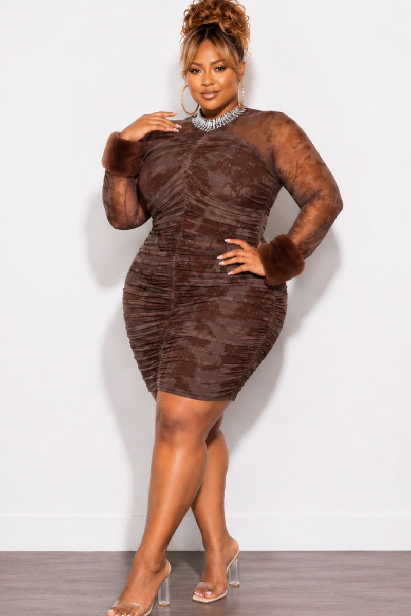 Final Sale Plus Size Rhinestone Mesh Mini Dress in Brown