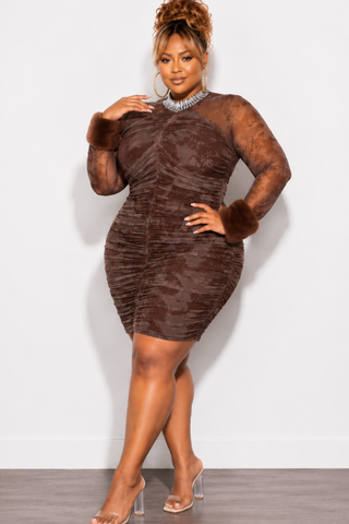 Final Sale Plus Size Rhinestone Mesh Mini Dress in Brown