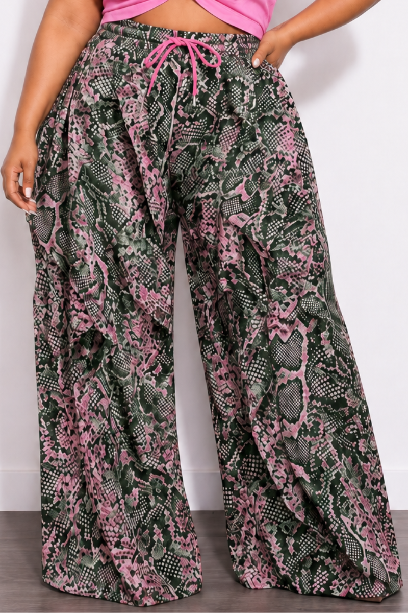 Final Sale Plus Size Wide Leg Drawstring Oversized Windbreaker Wavy Pants in Pink & Green Snake Print (Pants Only)