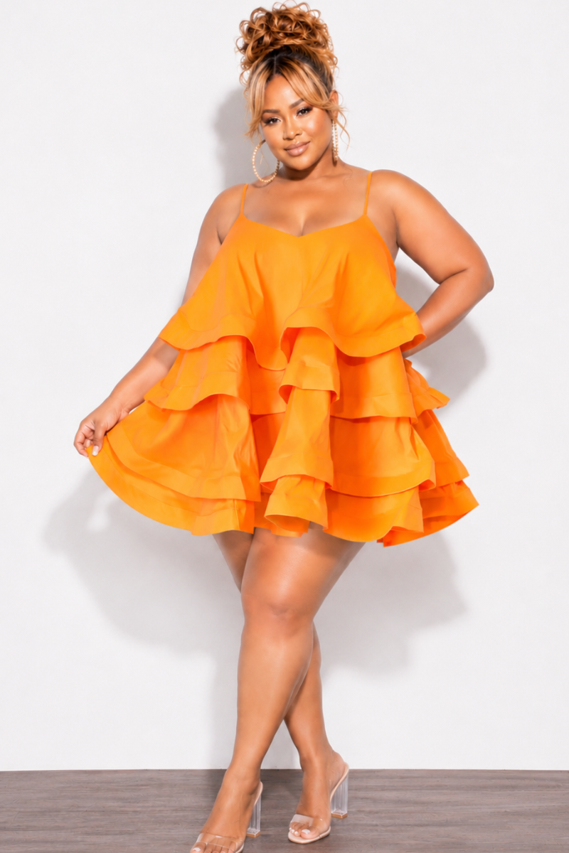 Final Sale Plus Size Spaghetti Strap Tiered Ruffle Mini Dress in Orange