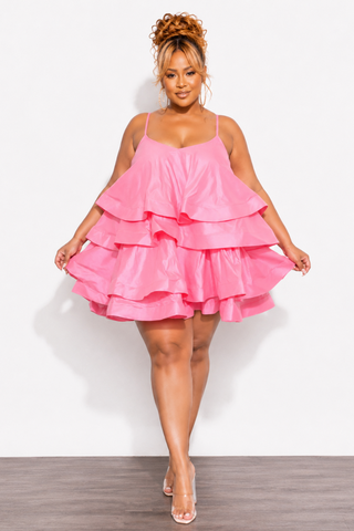Final Sale Plus Size Spaghetti Strap Tiered Ruffle Mini Dress in Pink