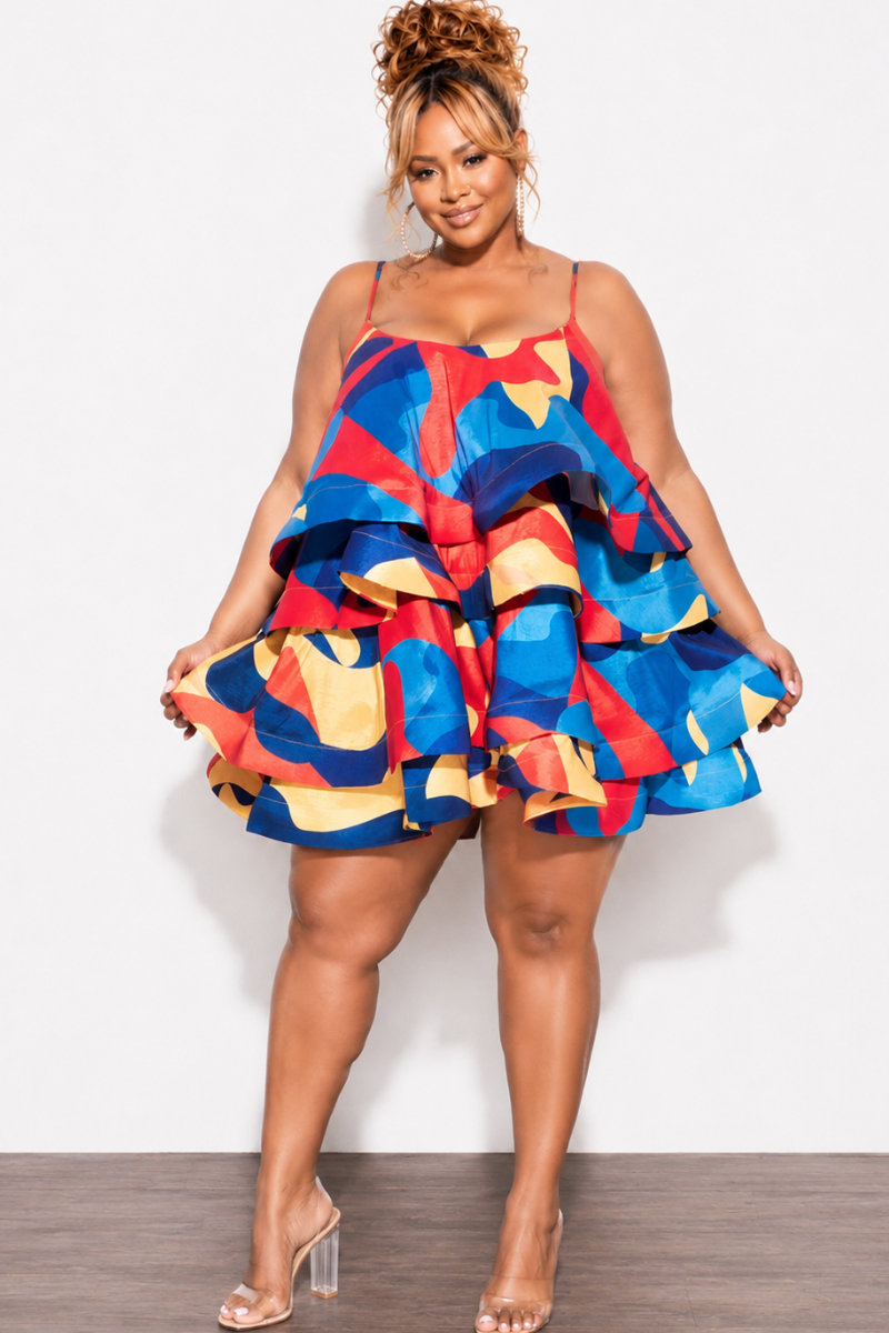 Final Sale Plus Size Spaghetti Strap Tiered Ruffle Mini Dress in Red Yellow and Turquoise Multi Color