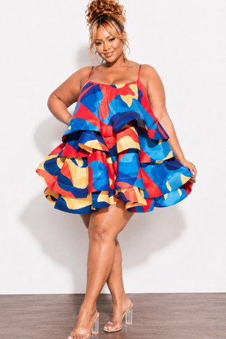 Final Sale Plus Size Spaghetti Strap Tiered Ruffle Mini Dress in Red Yellow and Turquoise Multi Color