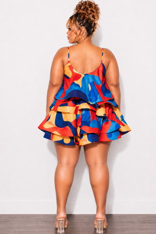 Final Sale Plus Size Spaghetti Strap Tiered Ruffle Mini Dress in Red Yellow and Turquoise Multi Color