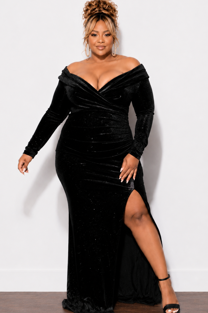 Final Sale Plus Size Glitter Off the Shoulder Velvet Gown with Side Sl – Chic And Curvy