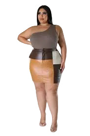 Final Sale Plus Size Colorblock Faux Leather Skirt in Brown, Camel and Tan (Skirt Only)