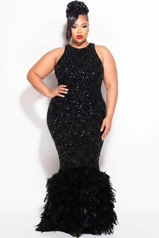 Final Sale Plus Size Sleeveless Feather Sequin Gown in Black (Plus Size 14-22)