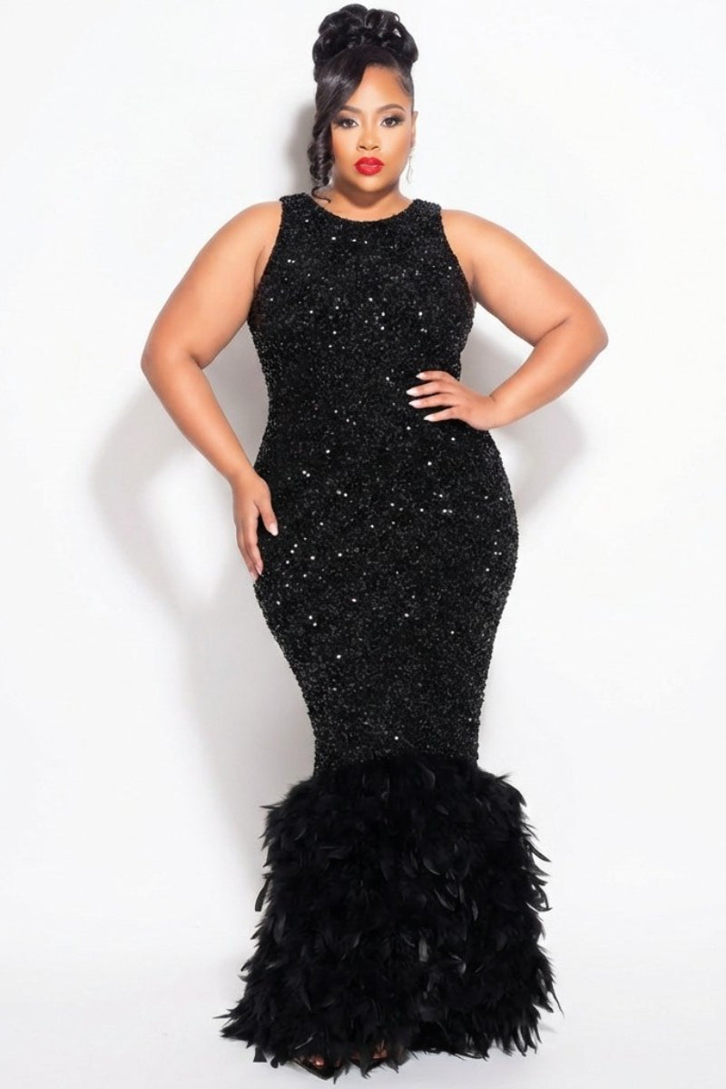 Final Sale Plus Size Sleeveless Feather Sequin Gown in Black (Plus Size 14-22)