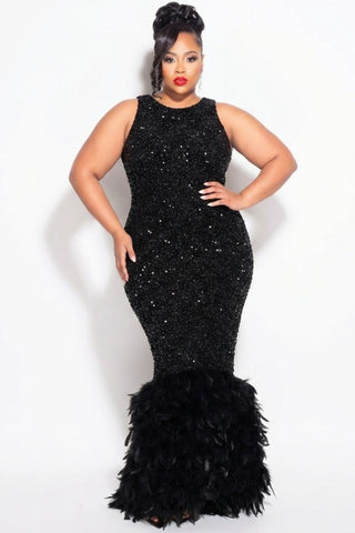 Final Sale Plus Size Sleeveless Feather Sequin Gown in Black (Plus Size 14-22)